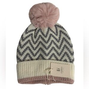 Soft Warm Style Pink Knitted Chevron Print Beanie With Faux Fur Pom Pom